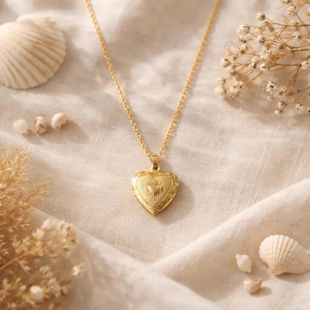 Collier photo personnalisé médaillon coeur motif gravé acier inoxydable - Doré / Modèle 1 / Collier sans photo