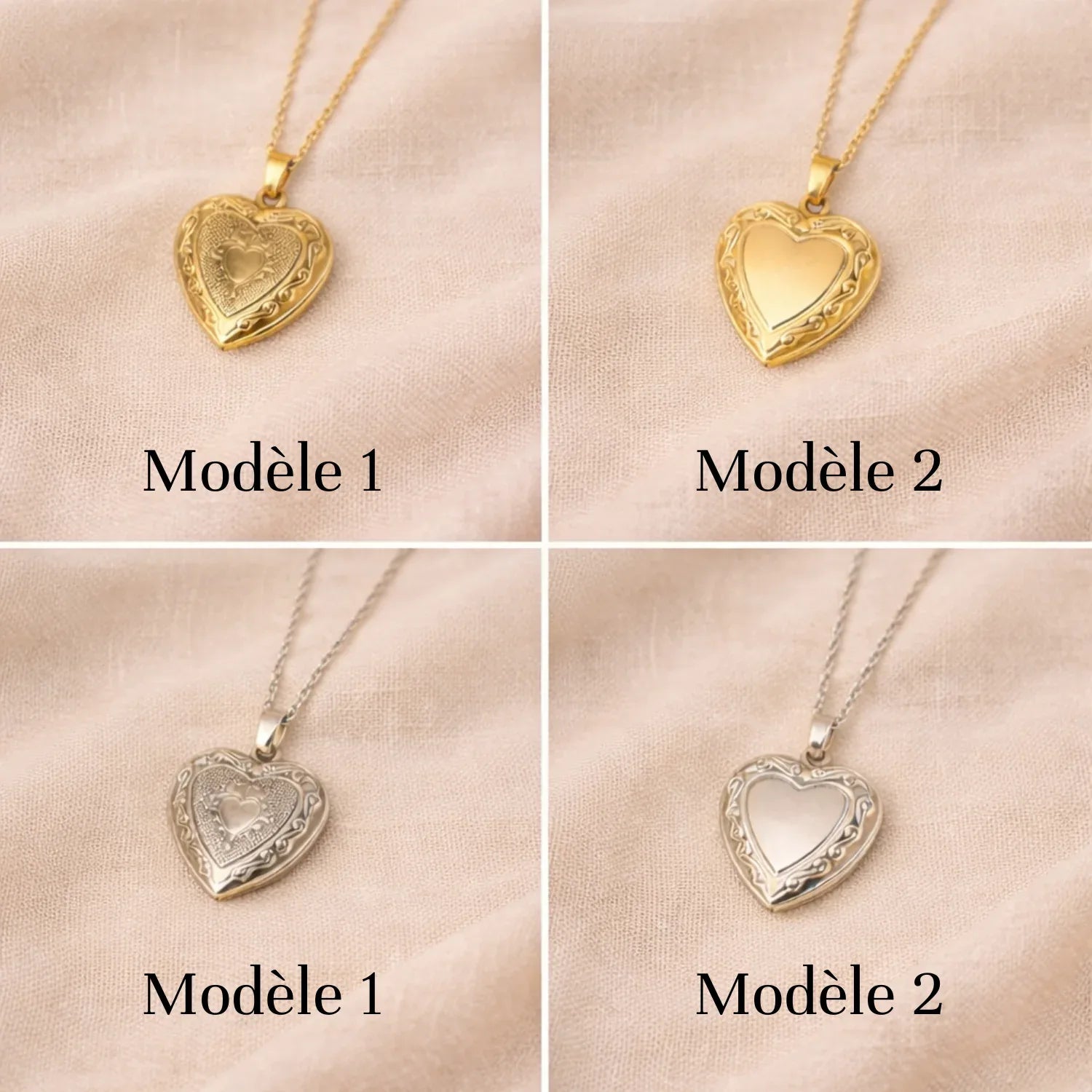 Collier photo personnalisé médaillon coeur motif gravé acier inoxydable - Doré / Modèle 1 / Collier sans photo